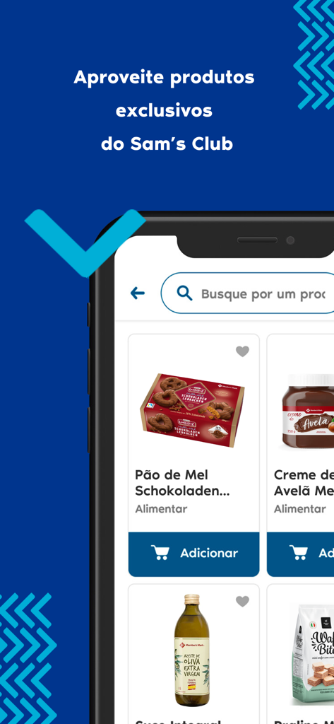 Schermata dello smartphone che mostra l'app Sam's Club Brasil con prodotti esclusivi e una barra di ricerca