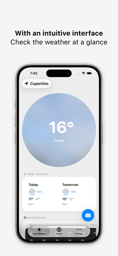 Your Weather. - Minimalistische iPhone-Oberfläche der Your Weather-App, die Temperatur und Vorhersage für Cupertino anzeigt