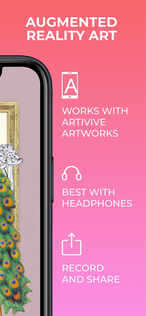 Artivive mobile app screen highlighting augmented reality art features including audio support and recording options