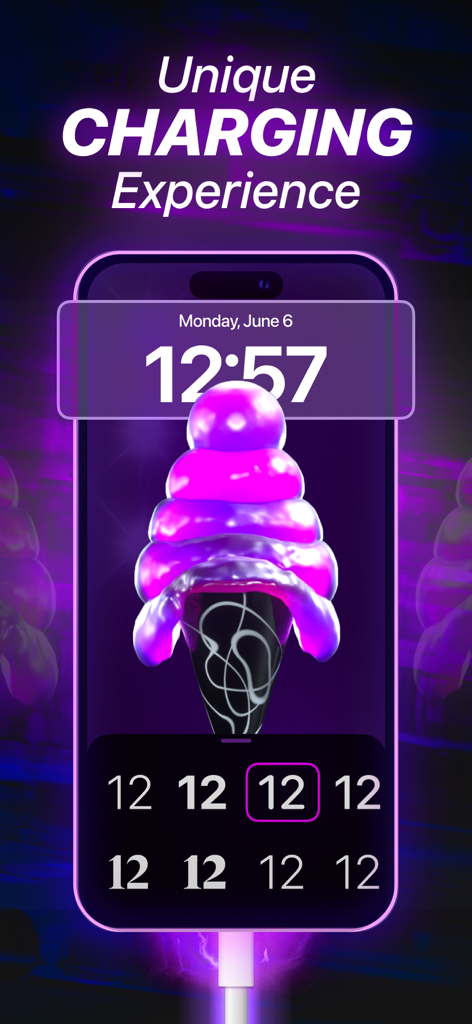 Aesthetic purple 3D charging animation on iPhone lock screen showing font customization