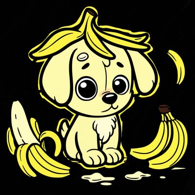 a dog with a banana peel on its head and some bananas around him