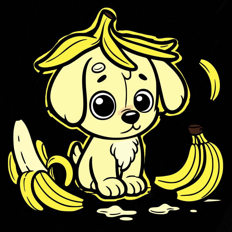 a dog with a banana peel on its head and some bananas around him