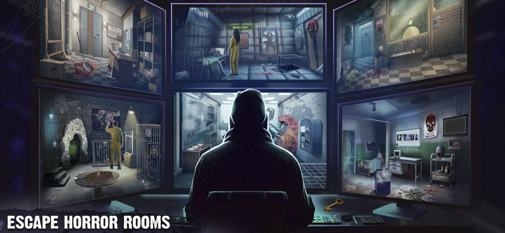 A mysterious hooded character monitoring various eerie rooms on multiple security screens.