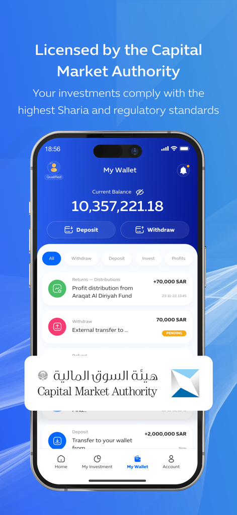 Mobile interface of Aseel app showing wallet balance and transaction history under Capital Market Authority license