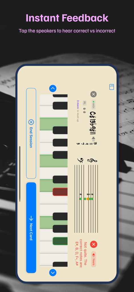 Jazz Piano Voicings - Screenshot of the Jazz Piano Voicings app showing a virtual keyboard and musical staff with instant feedback for a practiced jazz chord