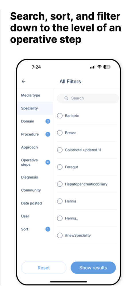 Advanced search and filter screen in the SurgeOn app showing surgical specialties and operative steps