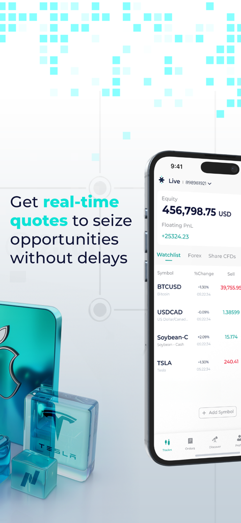 Pantalla de la aplicación STARTRADER que muestra cotizaciones de acciones y criptomonedas en tiempo real con una descripción general de la cartera de operaciones