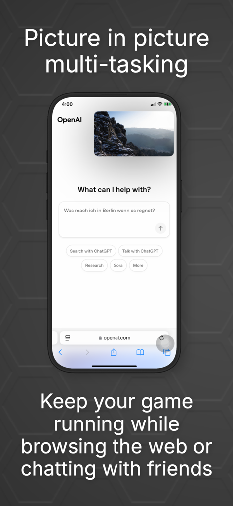 OneCast picture in picture mode showing an Xbox game running while browsing the web on an iPhone.