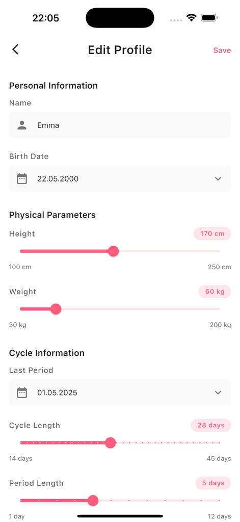 Luna Flow - Period Calendar - Pantalla de edición de perfil de la aplicación Luna Flow que muestra la configuración del ciclo menstrual y los parámetros físicos