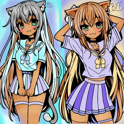 anime girl with very long hair with a cat shirt and a short skirt