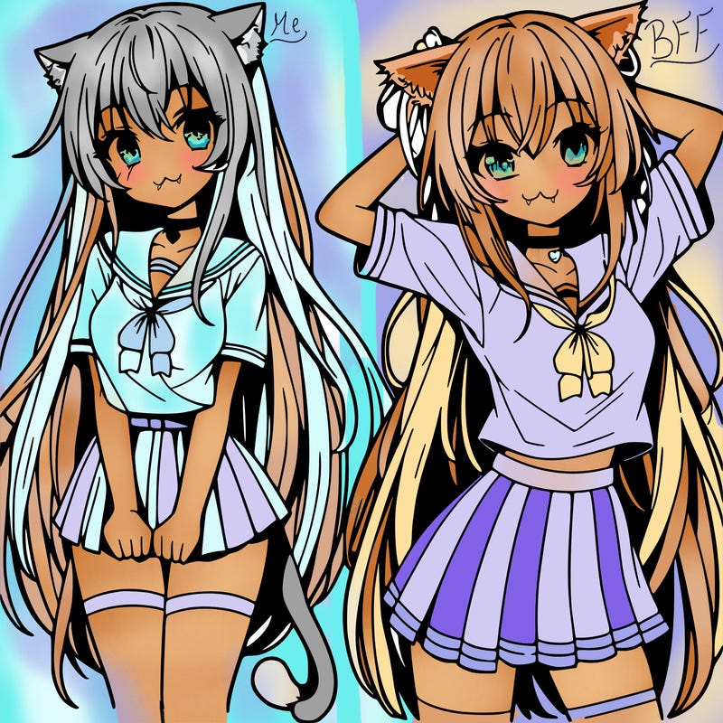 anime girl with very long hair with a cat shirt and a short skirt