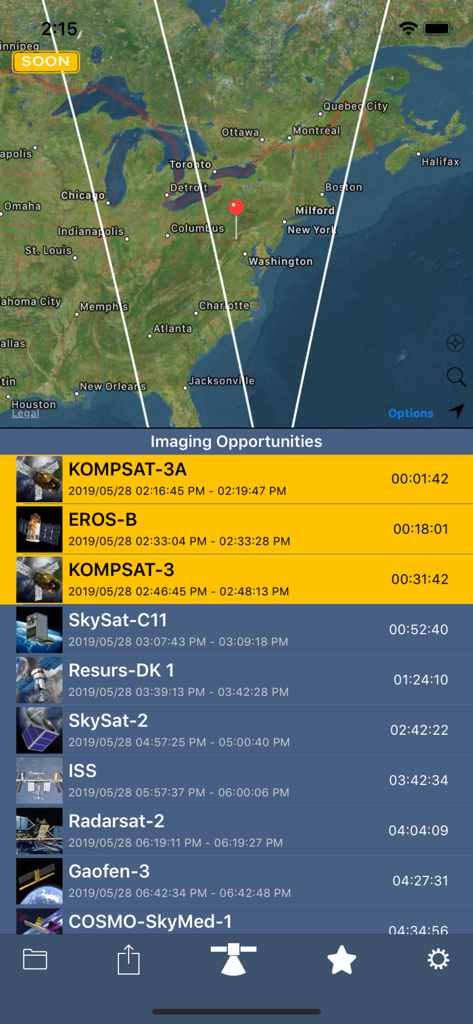 SpyMeSat - SpyMeSat app showing satellite orbit paths over a map and a list of upcoming imaging opportunities.