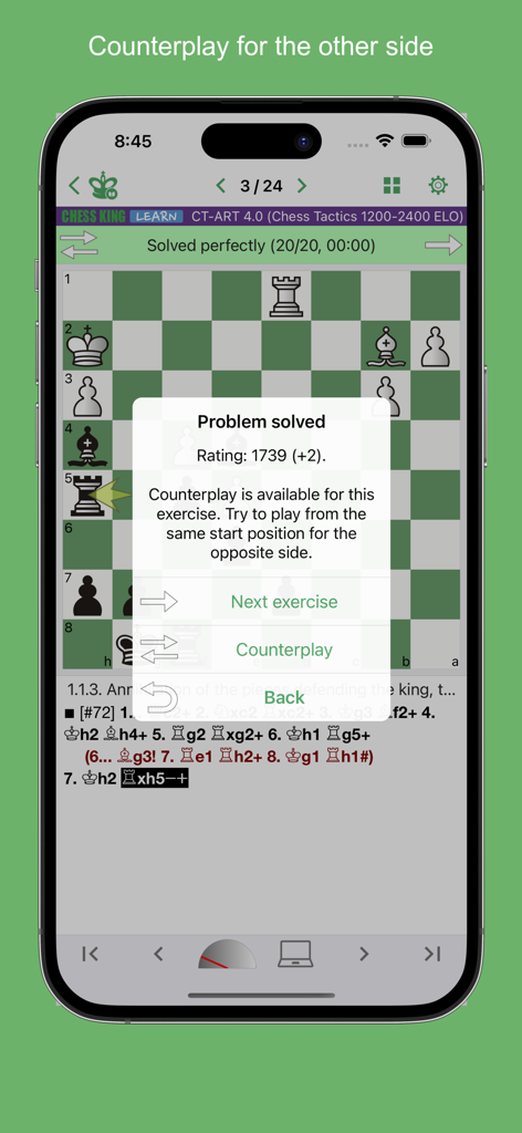 Chess King - Learn to Play - Screenshot der Chess King App, der ein gelöstes taktisches Rätsel mit einer ELO-Wertung von 1739 und Optionen für die nächste Übung oder Gegenpartie zeigt