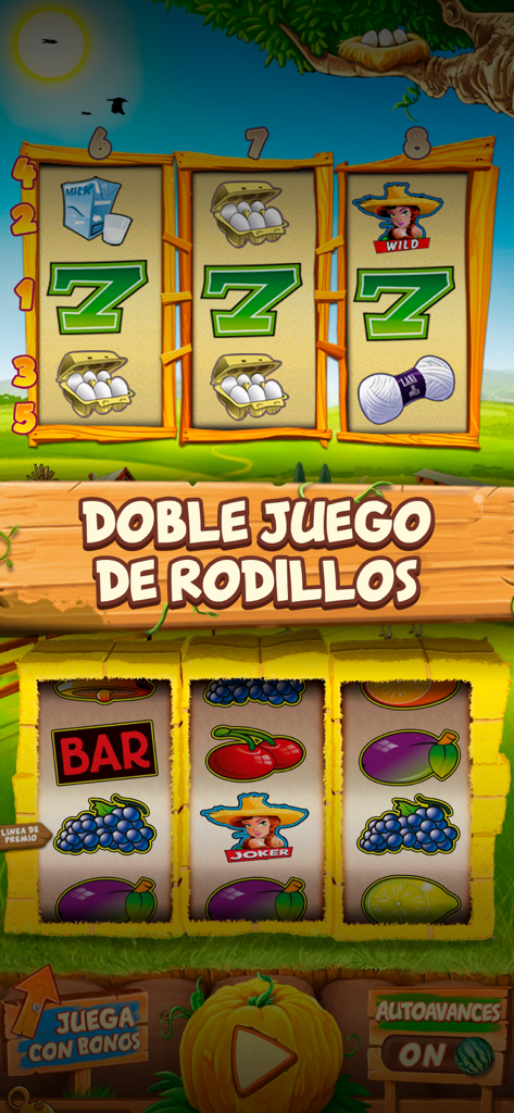 La Granja - Tragaperras Bar - Gameplay of La Granja Spanish slot machine showing upper and lower reels with a farm theme and Spanish text.