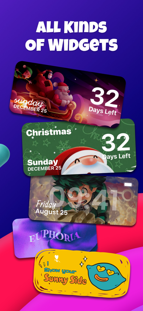 Color Widgets: Icon Themes - Showcase of various aesthetic home screen widgets including Christmas countdowns and anime themes