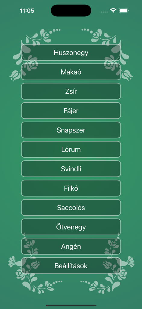 Magyar Kártyás Játékok - Main menu of the Hungarian Card Games app featuring a list of traditional games like Huszonegy and Snapszer.