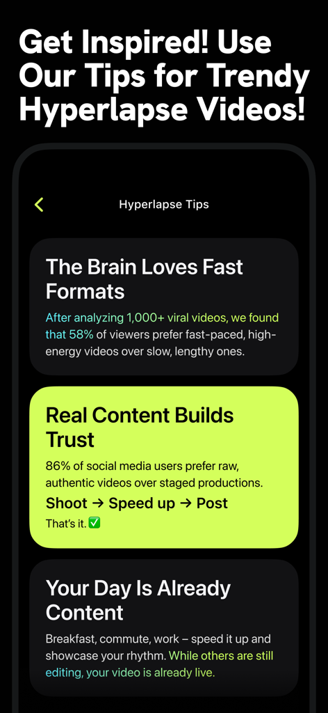 Hyperlapse Timelapse Video Cam - Un écran montrant des conseils professionnels pour créer des vidéos hyperlapse tendance pour les réseaux sociaux.
