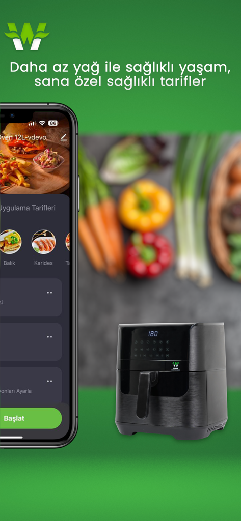 Wiami - Wiami mobile app interface displaying healthy recipes next to a smart air fryer appliance