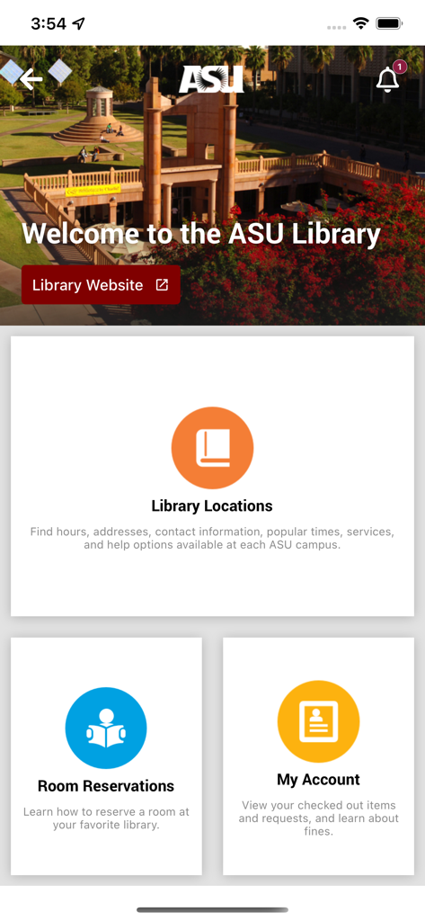 Arizona State University mobile app library services dashboard showing locations and room reservations
