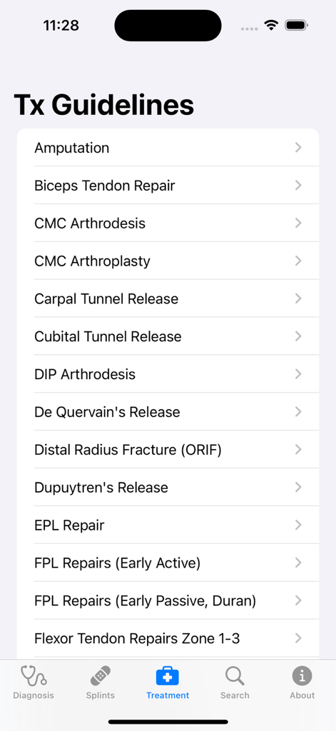 Pantalla de la aplicación Hand Therapy Rx que muestra una lista de guías de tratamiento clínico para diversas afecciones de mano y muñeca.