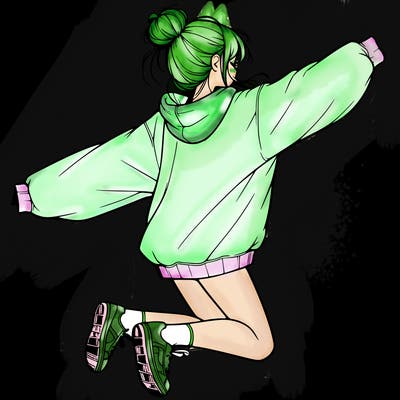 realistic girl jumping with a bun and oversized sweatshirt