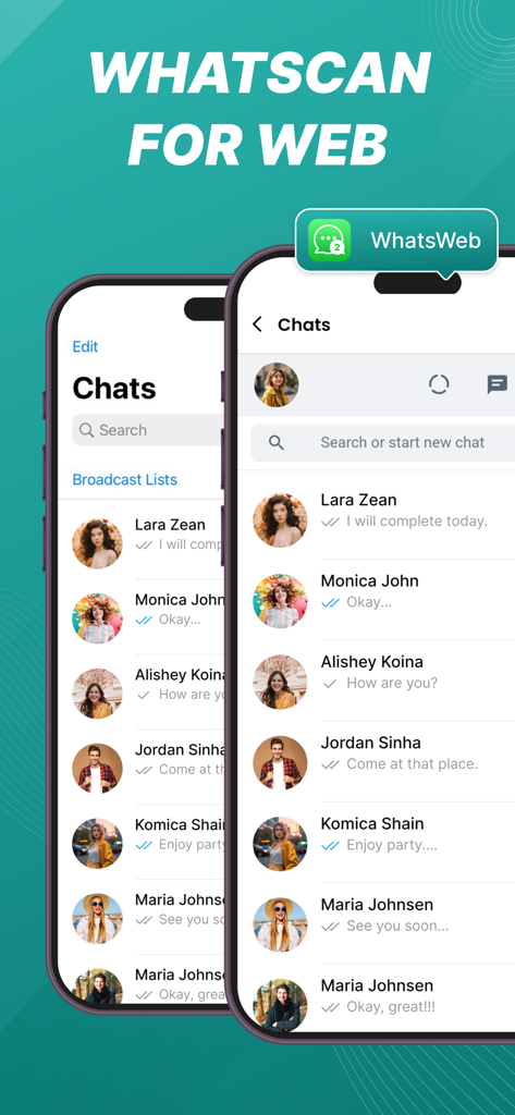 Dual Chat Messenger - GB App - Dual Chat Messenger app interface showing the WhatsScan for Web feature on two iPhones with a list of active chats.