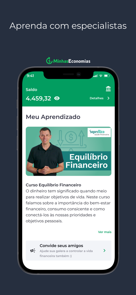 Tela do aplicativo Minhas Economias mostrando um curso de educação financeira intitulado Equilíbrio Financeiro com um instrutor especialista.