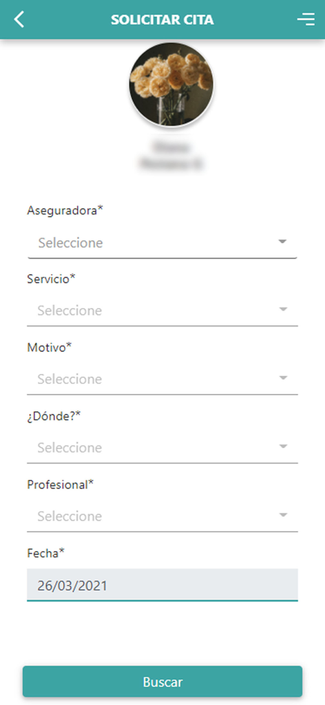 Formulario de reserva de citas en la aplicación móvil del Hospital San Agustín