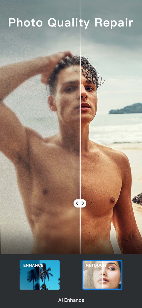 Una pantalla dividida que muestra una foto granulada transformándose en una imagen de alta definición usando la función de reparación de calidad de foto con IA