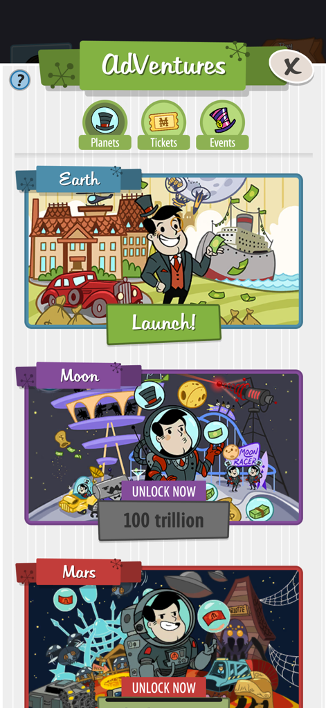 AdVenture Capitalist game menu displaying planetary adventure options for Earth Moon and Mars
