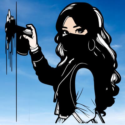 realistic girl with mask spray painting a wall