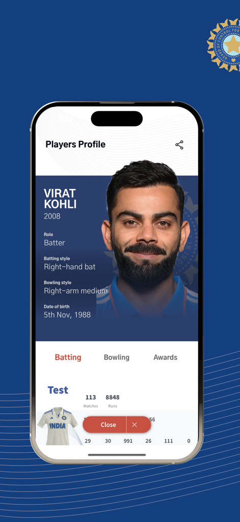 Página de perfil del jugador Virat Kohli en la aplicación BCCI con estadísticas y récords de su carrera.