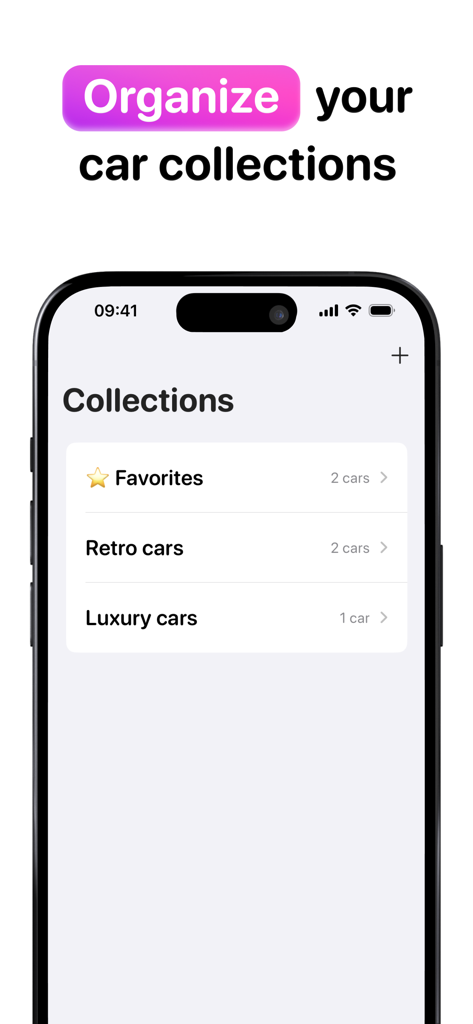 Car Identifier: CarSnap - Interface of the CarSnap app showing a screen to organize car collections including favorites retro cars and luxury cars