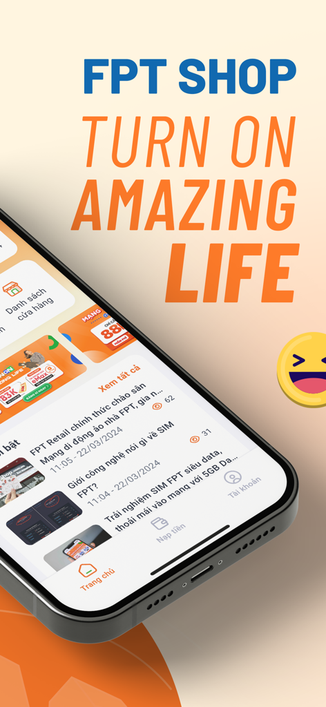 Interfaccia dell'app mobile FPT Shop che visualizza notizie e servizi per la rete mobile FPT