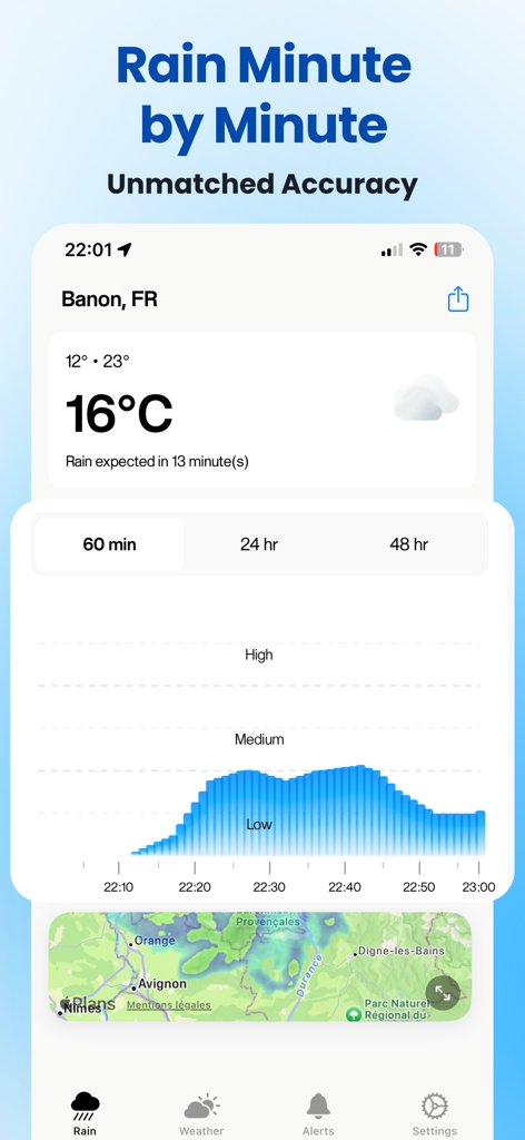 Rain Now app interface showing minute by minute rain forecast graph and radar map