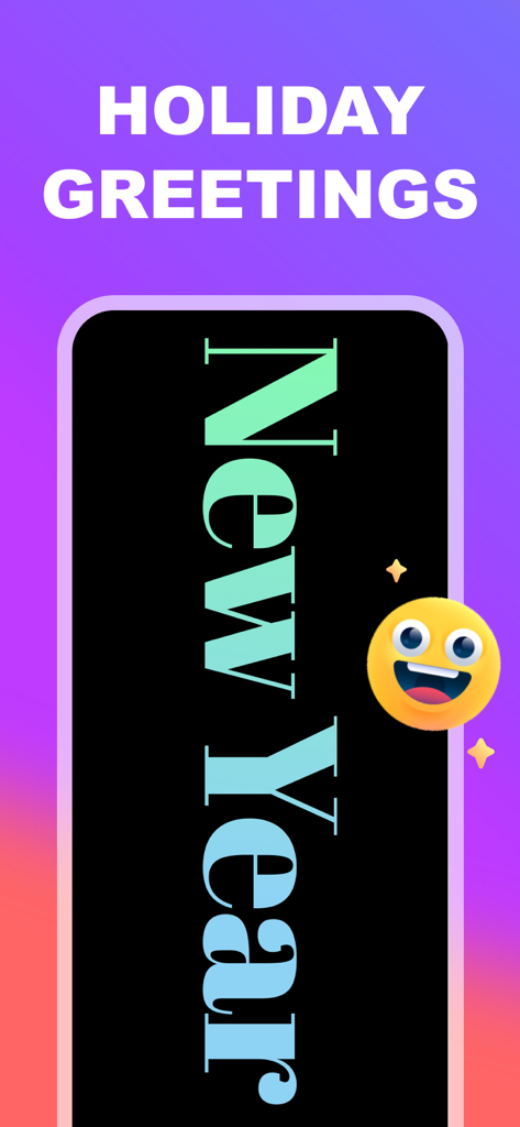 La pantalla de un teléfono inteligente que muestra un saludo vertical de Año Nuevo con un emoji alegre.