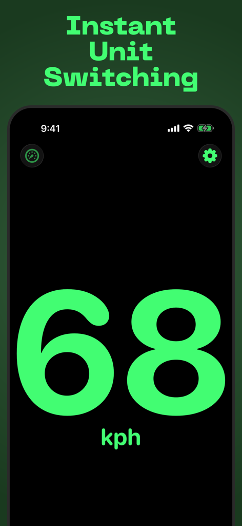eyeSpeed Speedometer - Uma captura de tela de alto contraste do aplicativo eyeSpeed Speedometer exibindo uma grande leitura verde de 68 kph em um fundo preto.