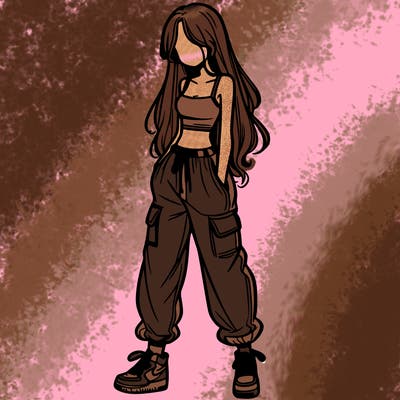 girl in baggy pants crop top and long hair