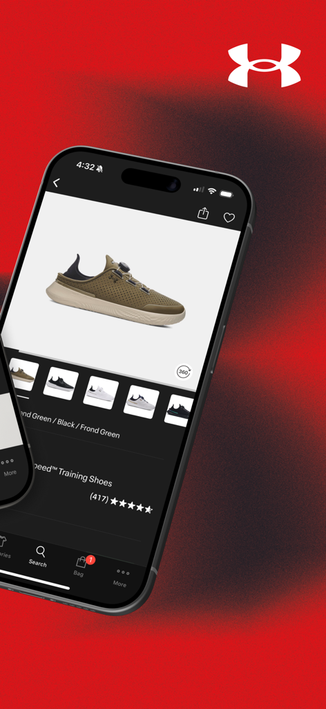 Smartphone displaying the Under Armour app product page for olive green SlipSpeed Training Shoes with a 360-degree view feature on a red background.