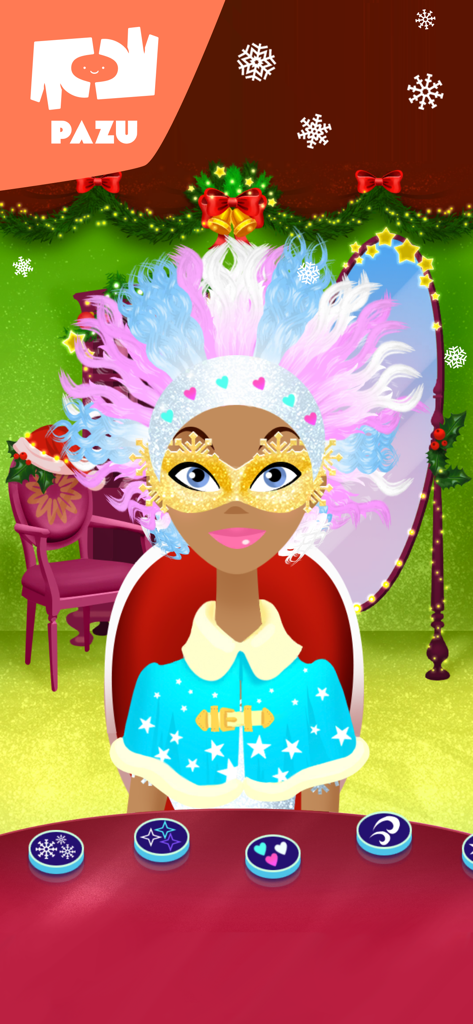 A girl character with colorful hair and a gold mask in a Christmas themed hair salon