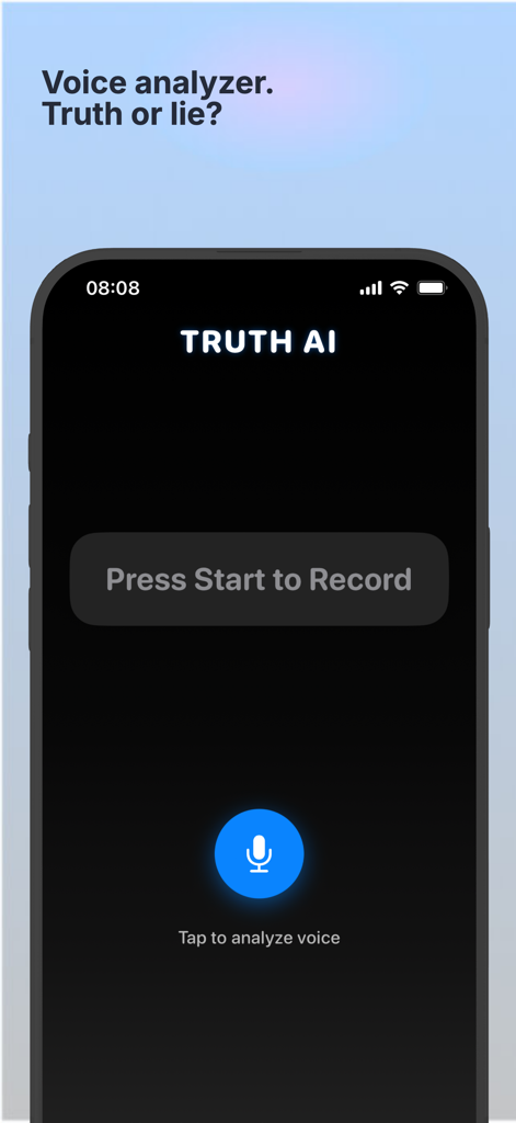 Interface of the Truth AI app showing a microphone icon and a button to start recording for voice analysis