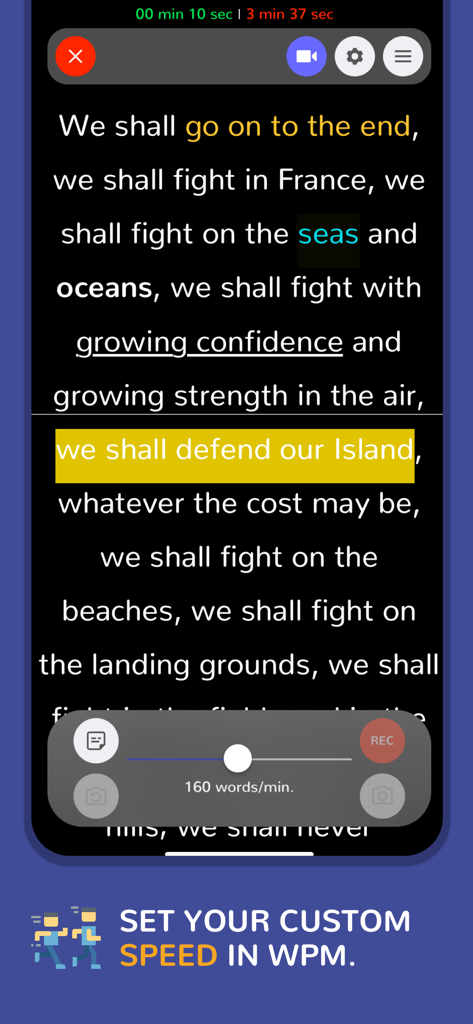 Teleprompter Easy Prof Hornet - Teleprompter app interface showing scrolling text with a custom speed setting slider at 160 words per minute.