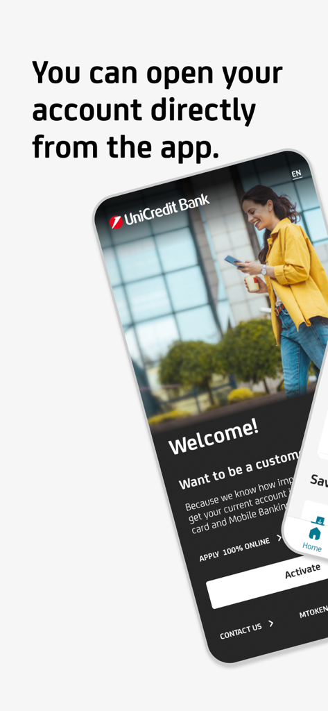 Smartphone-Bildschirm, der die Willkommensseite der UniCredit Bank mit der Option zur Online-Kontoeröffnung anzeigt