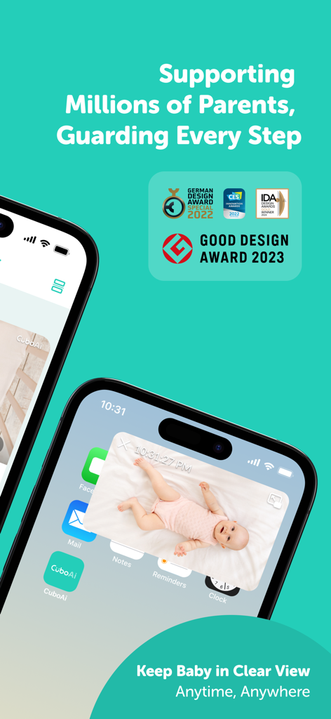 CuboAi Smart Baby Monitor - Aplicación de monitor de bebé CuboAi con vista en vivo de imagen en imagen en la pantalla de inicio de un smartphone y premios de diseño industrial.