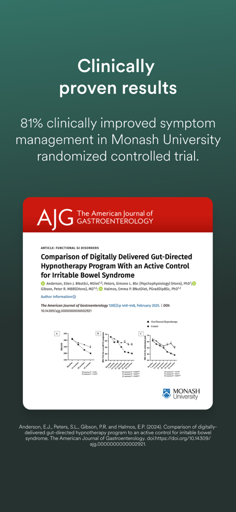 Screenshot einer klinischen Studie aus dem American Journal of Gastroenterology, die die Wirksamkeit der Nerva App bei der Behandlung von Reizdarmsyndrom-Symptomen zeigt