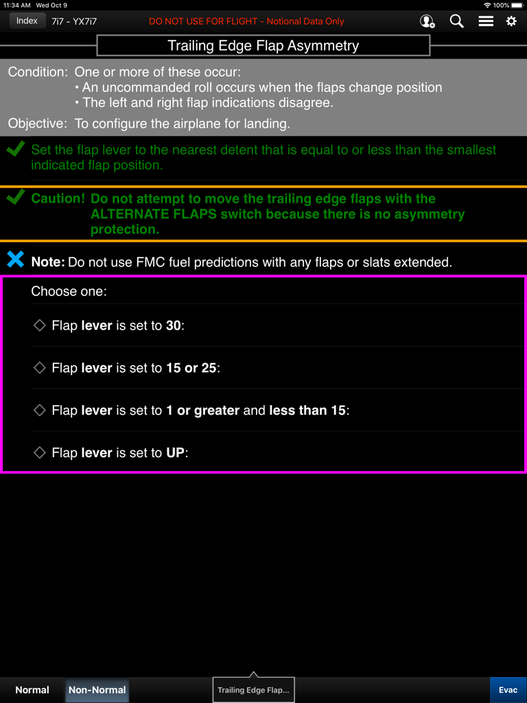 Boeing Interactive QRH non-normal checklist for Trailing Edge Flap Asymmetry