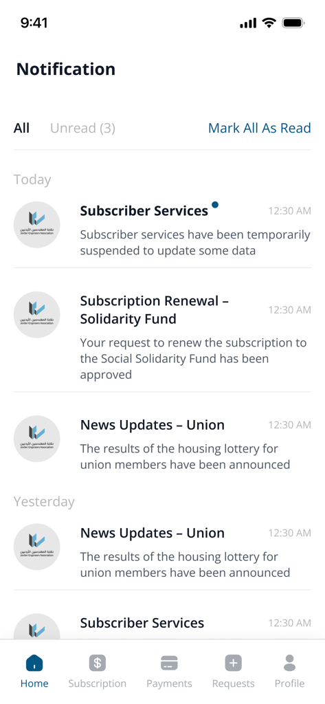 JEA - Benachrichtigungsbildschirm in der JEA-App, der Abonnement- und Nachrichtenaktualisierungen anzeigt