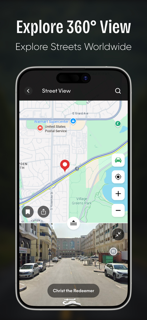 Live Earth Camera Street View - Split screen interface of the Live Earth Camera app showing a 2D navigation map on top and a 360-degree street view on the bottom.
