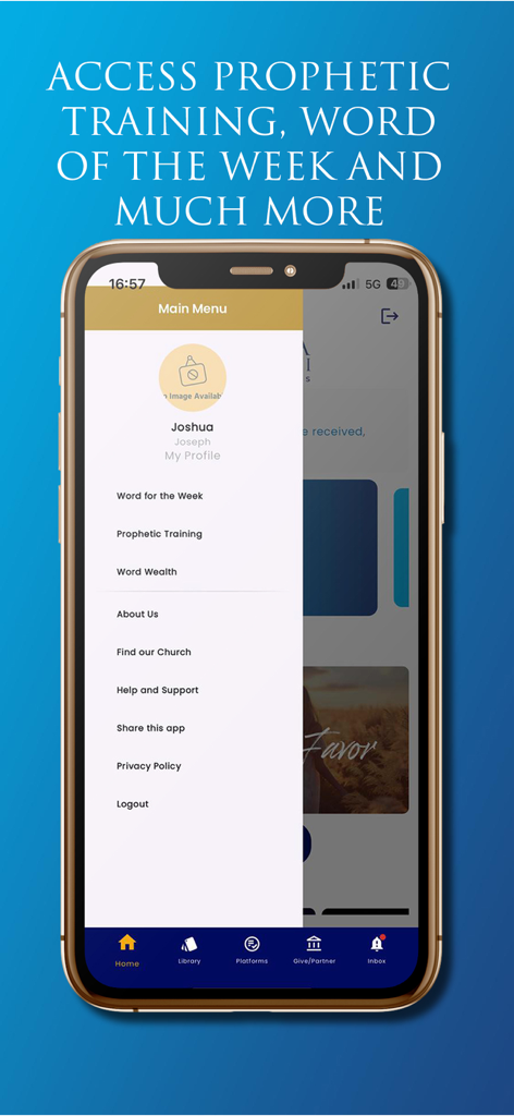Main menu of the Joshua Sangweni app showing options for Prophetic Training and Word for the Week