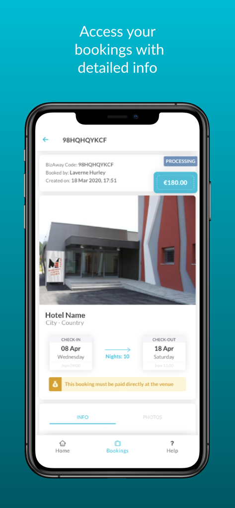 BizAway - Écran de réservation d'hôtel détaillé dans l'application mobile BizAway affichant les dates de réservation et les informations tarifaires